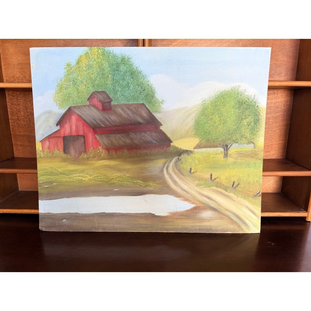 Vintage Red Barn Landscape Painting Rustic Farm Scene Canvas‎ Panel Art 16x20
